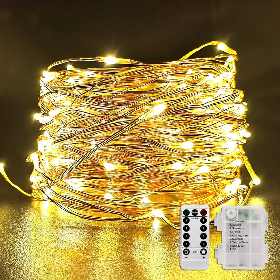 66Ft 200 LEDs Fairy String Lights Battery Operated Outdoor Waterproof 8 Modes Dimmable Remote Control Christmas Decor Lights Copper Wire Firefly Lights for Bedroom Party Patio Wedding