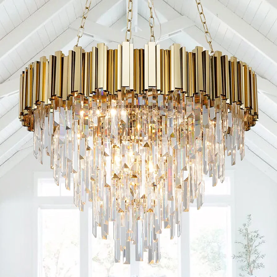 Gold Chandeliers Light Fixtures Contemporary Modern Chandelier 9 Lights 5 Tier Island Pendant Hanging Ceiling Lighting for Living Room Dining Room Bedroom Hallway D27.3 Gold