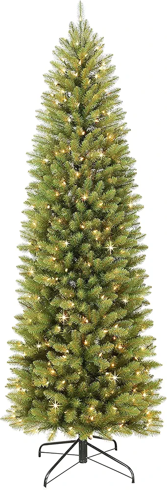 Puleo International 7.5 Foot Pre-Lit Fraser Fir Pencil Artificial Christmas Tree with 350 UL Listed Clear Lights, Green, 32 x 32 x 90 inches