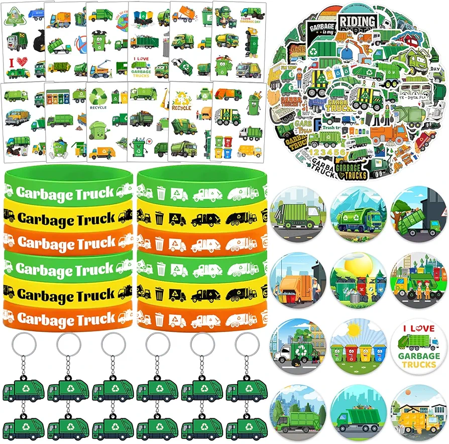 110 PCS Garbage Truck Party Favors, Garbage Trash Truck Tattoos Silicone Bracelets Keychains Stickers Badges for Garbage Truck Birthday Party Decorations Supplies Gifts for Kids Classroom Rewards