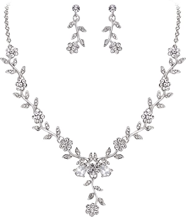 BriLove Women's Wedding Jewelery Leaf Cluster Flower Crystal Dangle Earrings Pendant Necklace Set for Bridal