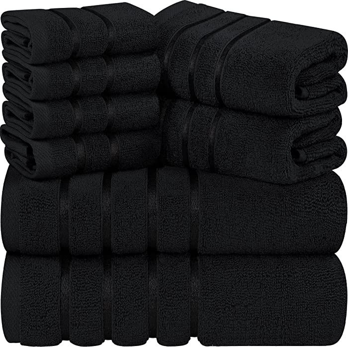 Utopia Towels Black 8-Piece Bath Linen Sets - Viscose Stripe Towels - 600 GSM Ring Spun Cotton - Highly Absorbent Luxury Towels (Pack of 8)