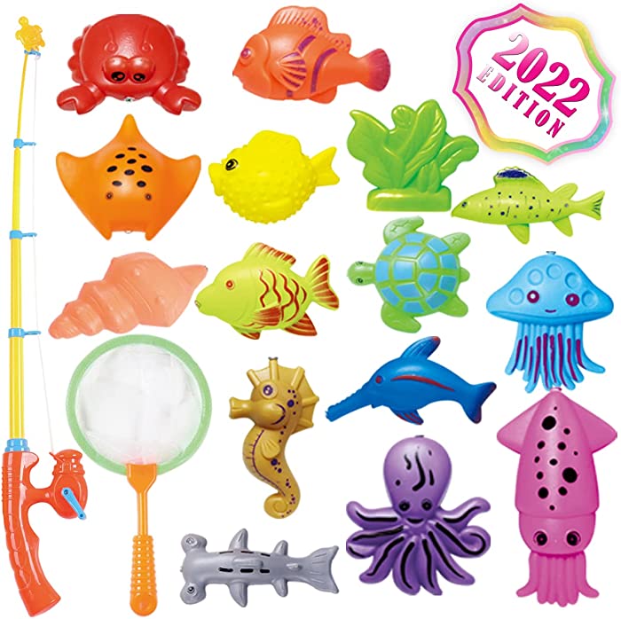 CozyBomB Kids Fishing Bath Toys Game - 17Pcs Magnetic Floating Toy Magnet Pole Rod Net, Plastic Floating Fish - Toddler Education Teaching and Learning Colors (New)