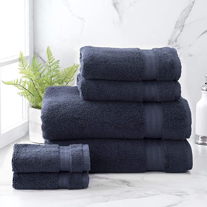 Welhome Cotton Rayon from Bamboo Bath Towel (Deep Navy) - Set of 6 -Soft & Fluffy -Highly Absorbent -Fade Resistant - Durable - Machine Washable - 2 Bath - 2 Hand - 2 Wash Towels