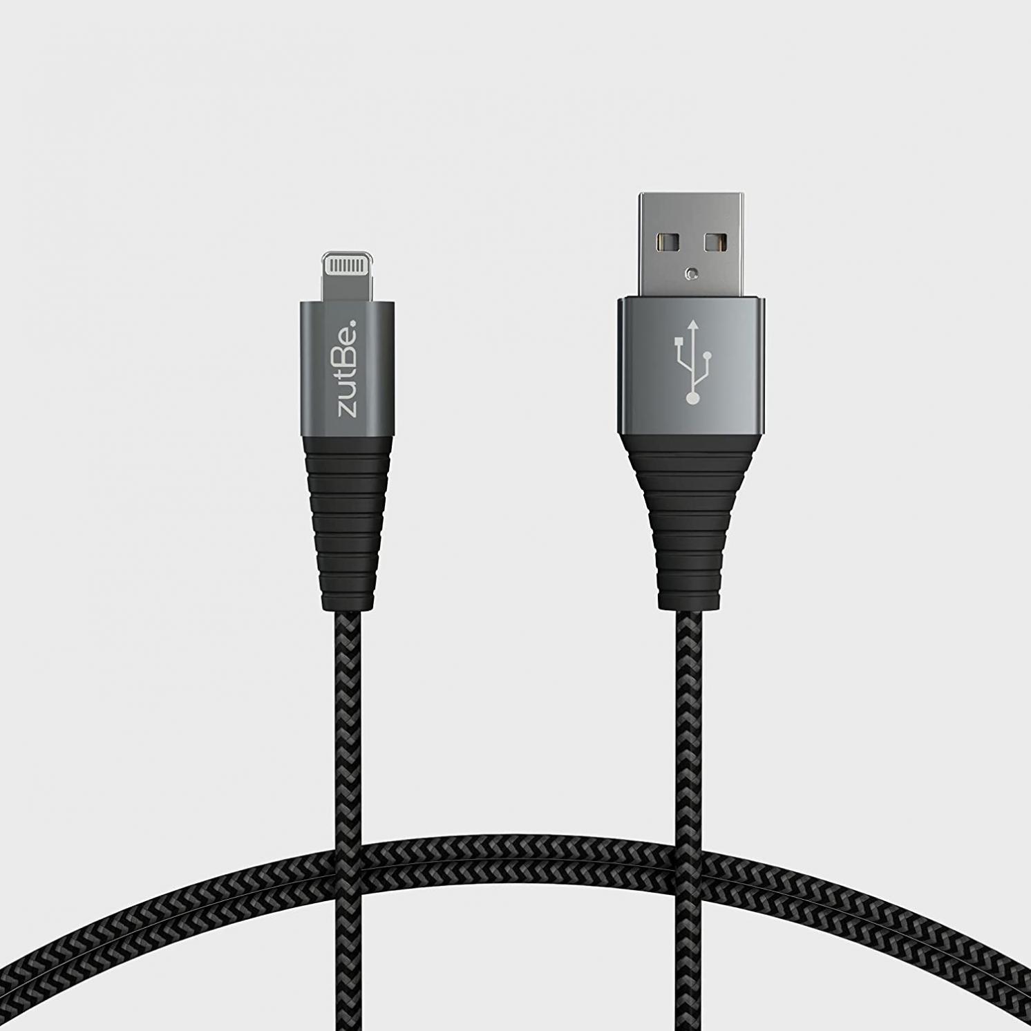 zutBe Shield Silver&Black MFi Certified Lightning Cable, Reinforced Braided Kevlar Charger Compatible with All iPhone 12, SE, 11, X, 8, 7, 6, iPad, iPod [Be Charitable, Durable, Confident] (3 Ft)