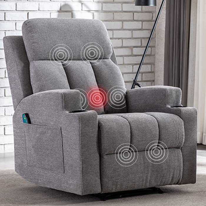 ANJ HOME Manual Massage Recliner Chairs with Heat for Living Room, Overstuffed Breathable Fabric Reclining Chair with Side Pockets and Cup Holders, Single Sofa Home Theater Seating, Grey