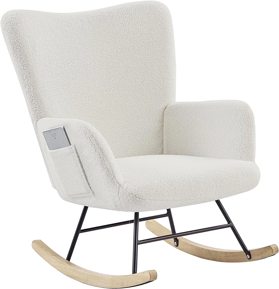 VECELO Rocking Chair, Modern Upholstered Teddy Fabric Nursery Glider with Padded Seat, High Backrest, Armchair and Pocket for Living Room Bedroom Balcony Offices, White