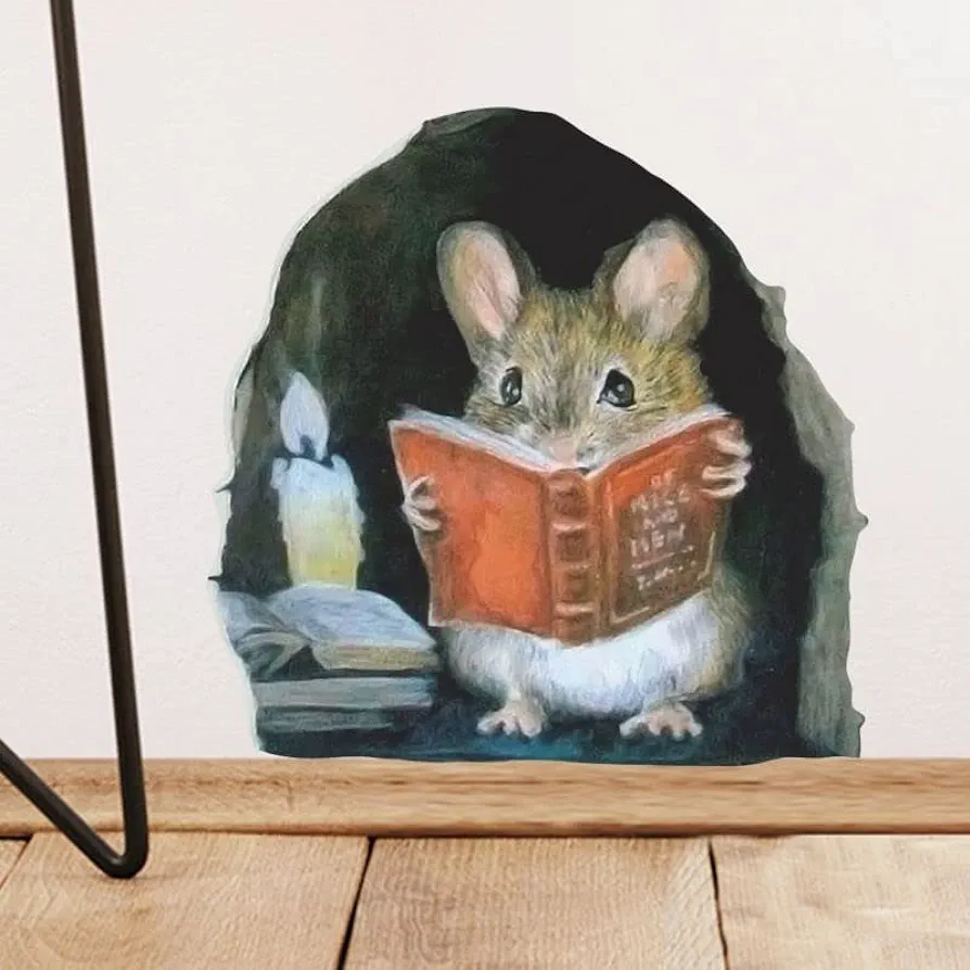 3PCS 3D Realistic Mouse Wall Stickers, Mouse Reading Book Wall Decals Wall Decor, Removable Wall Art Murals for Living Room Nursery Bedroom Kids Room Home Wall Decoration