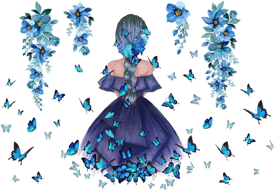 SUPERDANT Butterfly Girl Wall Stickers Blue Flower Fairy Wall Decal Floral Wall Mural Colorful Butterflies Wall Decor DIY Vinyl Wall Art for Girls Baby Nursery Bedroom Playroom