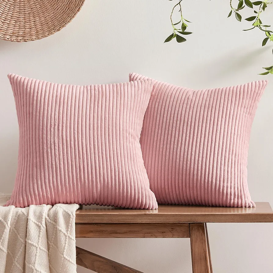 Softalker Decorative Throw Pillow Covers 16x16, Set of 2 Soft Corduroy Striped Boho Solid Pillow Cover, Modern Farmhouse Home Decor House Warming Gifts for Couch Sofa Bed Living Room, Light Pink