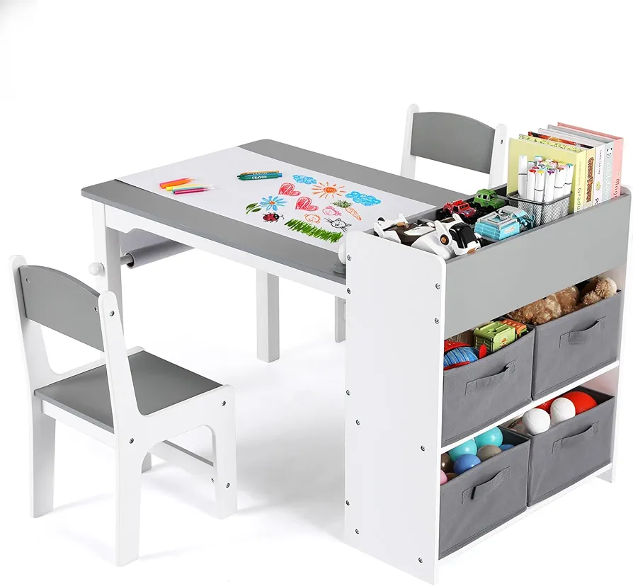 Arlopu Kids Art Table and 2 Chairs, Toddler Craft Drawing Desk with Large Storage Shelves, 4 Storage Bins and Paper Roll, Kids Activity and Study Table Furniture, for Daycare, Game Room (Grey)