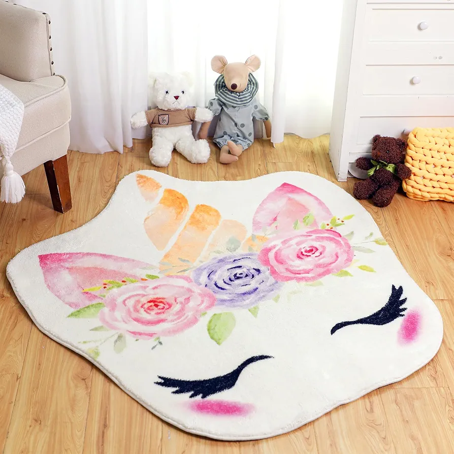 Watercolour Unicorn Themed Cashmere Imitation Kids Crawling Rugs for Girls Bedroom Large 47 x 36 Inch Cute Non Slip Washable Nursery Area Rug for Bedroom Playroom Classroom