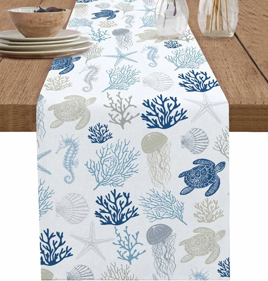 Navy Blue Coastal Table Runner-Cotton Linen- 48 Inch Holiday Dresser Scarves, Nautical Summer Beach Coral Sea Turtle Tablerunner for Kitchen Coffee/Dining Bedroom Living Room Dinner Scarf Décor 13x48