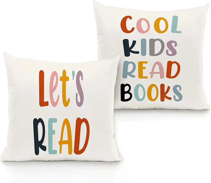 Let's Read Cool Kids Read Books Throw Pillow Covers 18 x 18 Inhces Set of 2，Kids Read Books Inspirational Decorative Throw Pillowcase for Home Farmhouse Reading Room Kids Room