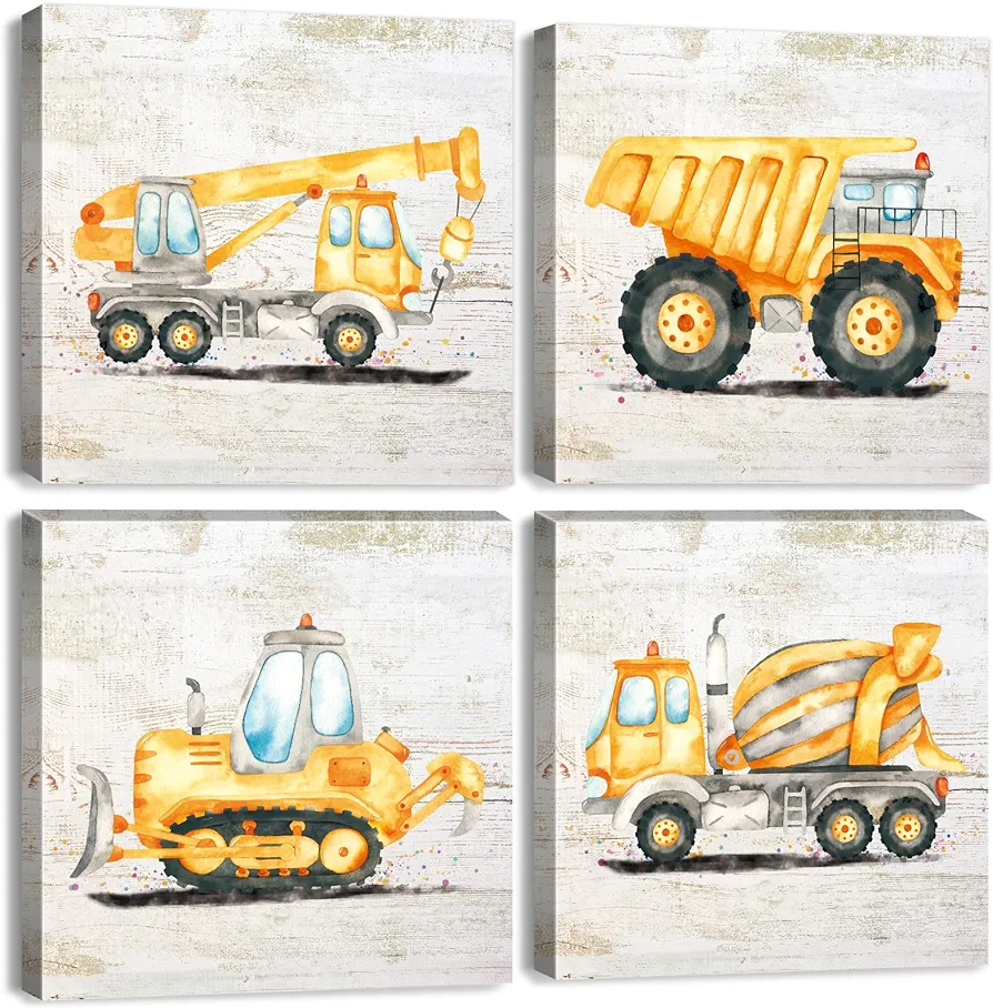 Construction Room Decor for Boys Toddler Boy Room Decor Vintage Car Wall Art Poster Dump Truck Tractor Excavator Canvas Pictures Watercolor Vehicle Paintings Kids Nursery Home Decorations 12x12" 4Pcs