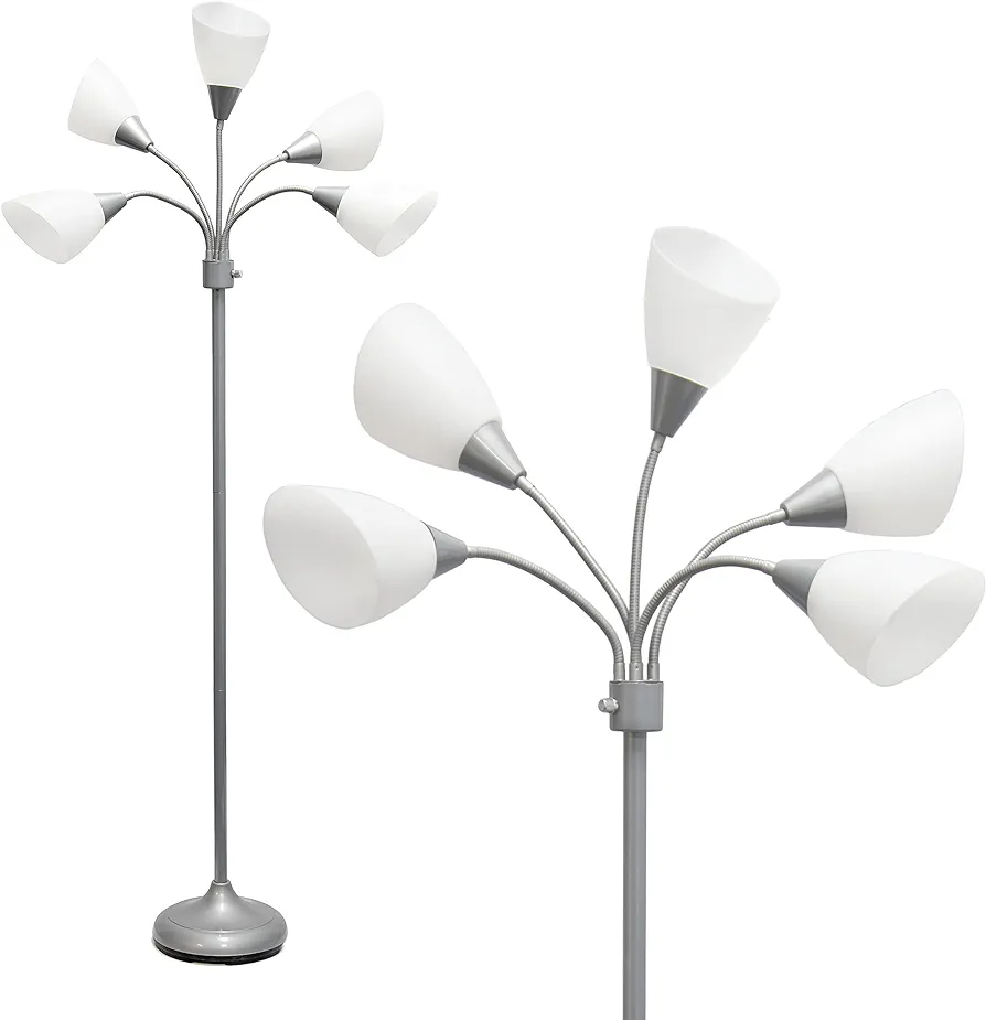 Simple Designs LF2006-SVW 67" Contemporary Multi Head Medusa 5 Light Adjustable Gooseneck Silver Floor Lamp with White Shades for Kids Bedroom Playroom Living Room Office