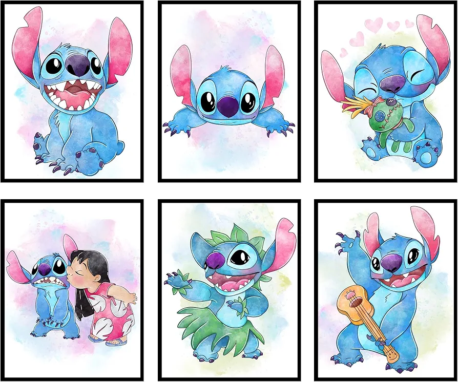 BigWig Prints Stitch Room Decor - Stitch Poster, Stitch Decor, Stitch Wall Decor, Lilo and Stitch Bedroom Decor, Stitch Decorations for Room, Lilo and Stitch Decor, Nursery - 6 Pack (8x10”) Unframed