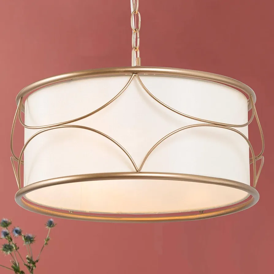 classy leaves Gold Drum Chandelier, 3 Light Gold Chandelier Hanging Light with White Fabric Shade, Modern Chandelier Light Fixture for Dining Room Living Room Foyer Entryway