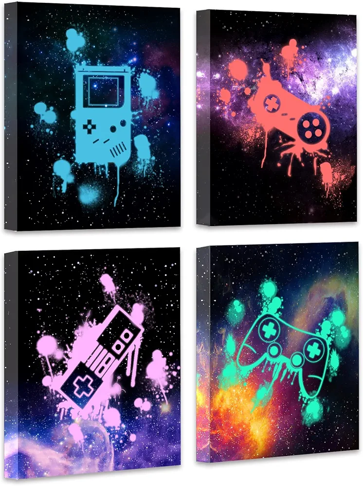 Video Game Wall Art-Galaxy Colorful Framed Wall Decor, Boy's Room Gamer Room Decor (8"x10"x4pcs)