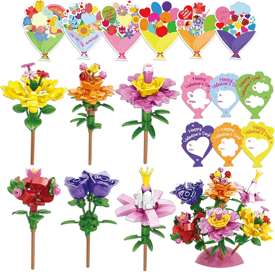 24PCS Valentines Day Cards with Flower Bouquets Building Blocks Classroom Valentines Cards Toys Set for Kids Valentines Day Gifts for Boys and Girls School Class Exchange Prizes Bouquet Building