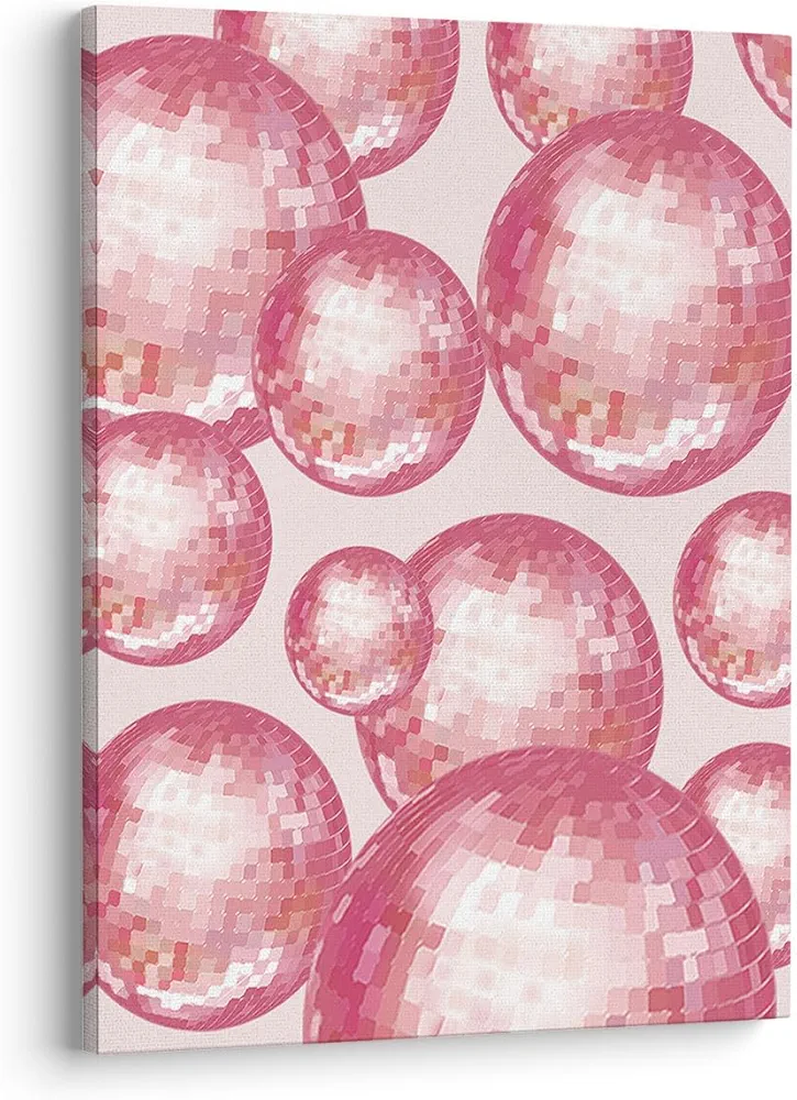 XWELLDAN Pink Disco Ball Wall Art Decor, Hot Pink Preppy Trendy Funky Wall Art Room Decor, Pink Disco Ball Decor, 11x14, Framed