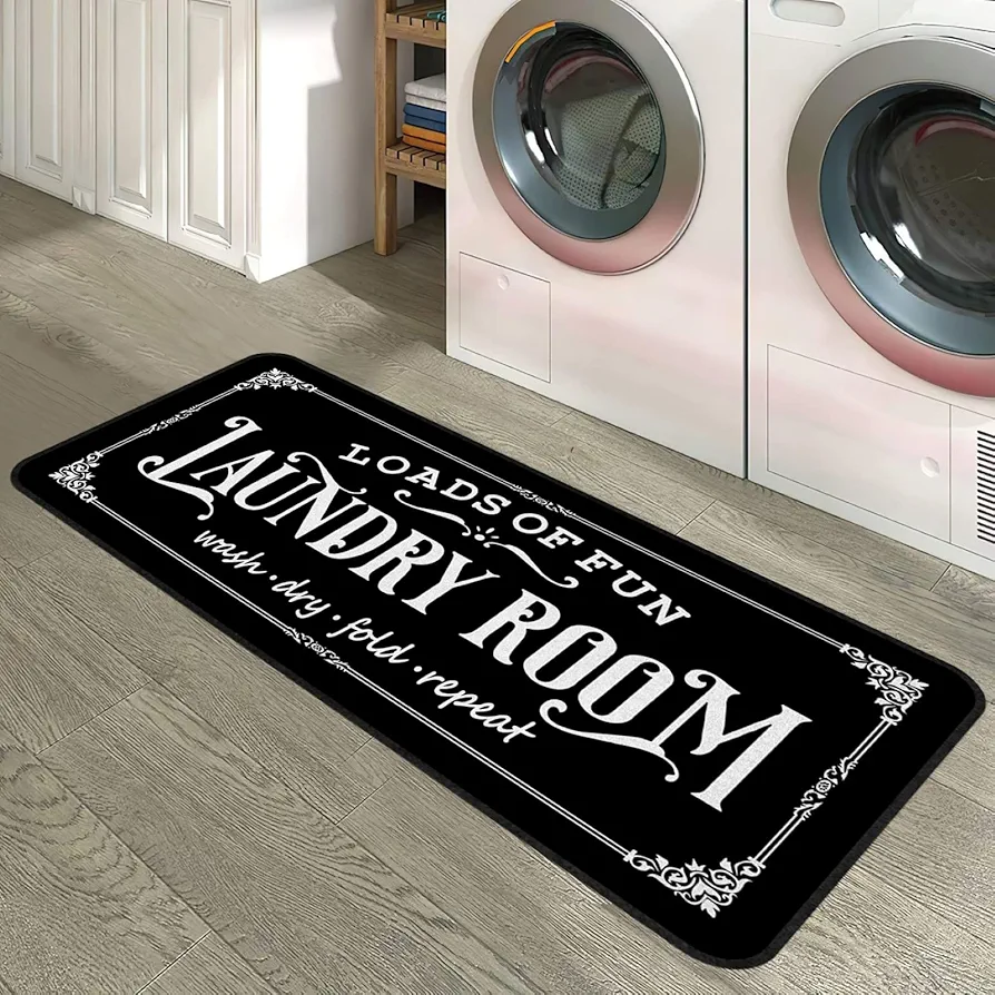 Farmhouse Laundry Room Rug 20"x47" Non Slip Floor Mat Runner Rugs for Kitchen Bathroom Hallway Laundry Room Decor, Black