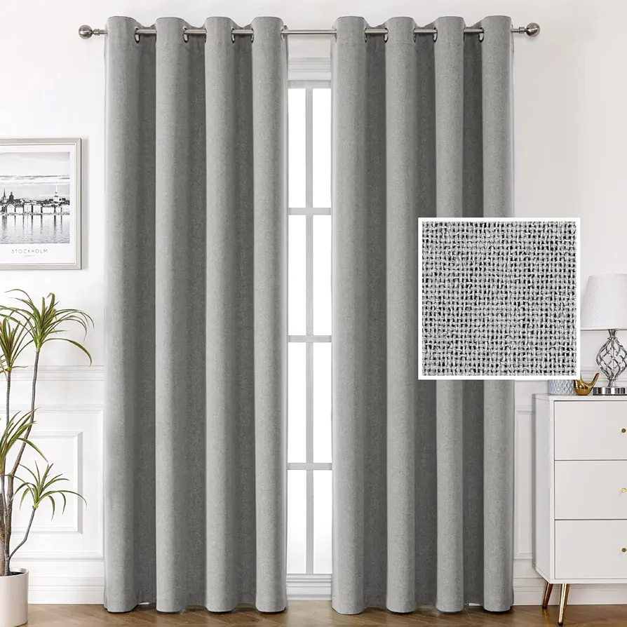 H.VERSAILTEX 100% Blackout Linen Curtains Thermal Curtains for Living Room Textured Burlap Curtains with Double Face Linen Grommet Soundproof Bedroom Curtains 52 x 84 Inch, 2 Panels - Heather Grey