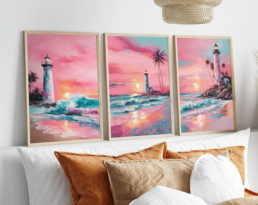 Generic Beachy Room Aesthetic Wall Art Decor Set of 3 Boho Canvas Summer Sunset Preppy Coastal Pink Beach Lighthouse Posters Pictures Prints Themed for Living Room Bedroom 12x16Inch Unframed