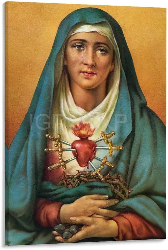 Our Lady of Seven Sorrows Catholic Religion Mary Quote Portrait Retro Art Poster (1) Canvas Poster Wall Art Decor Print Picture Paintings for Living Room Bedroom Decoration Frame-style 12x18inch(30x45