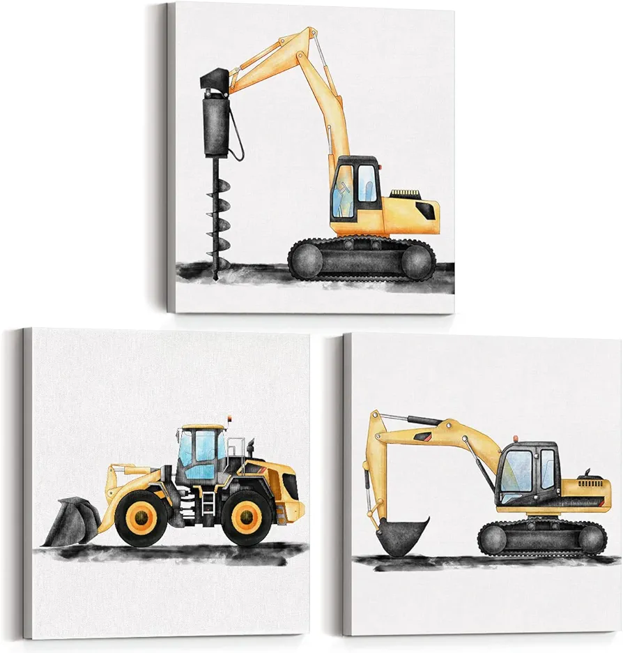 Yuzi-n Set of 3 Construction Truck Nursery Posters Canvas Wall Art & Tabletop Decoration for Home Boys Bedroom Playroom, Digger Dump Truck Vehicle Art Canvas Prints Easel & Hanging Hook 12x12 Inch