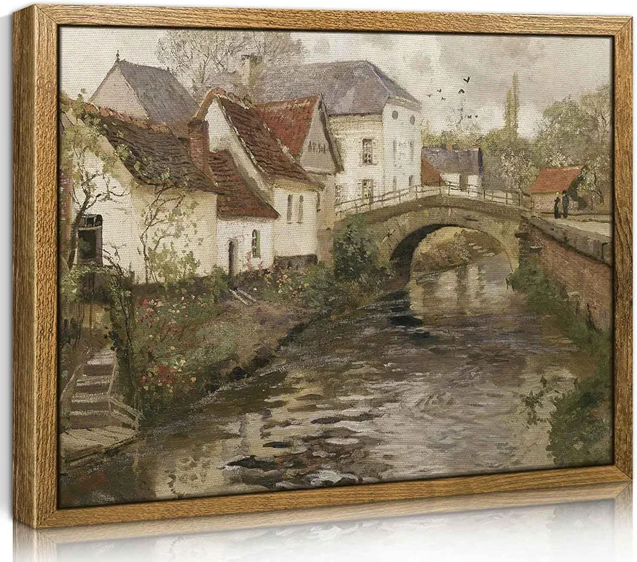 CHDITB Vintage Framed Canvas Wall Art, 12×16in Classical Country Scenery Wall Decor, Small Town Near La Panne Oil Painting, Retro Landscape Art Prints for Living Room, Bedroom, Bathroom, Farmhouse