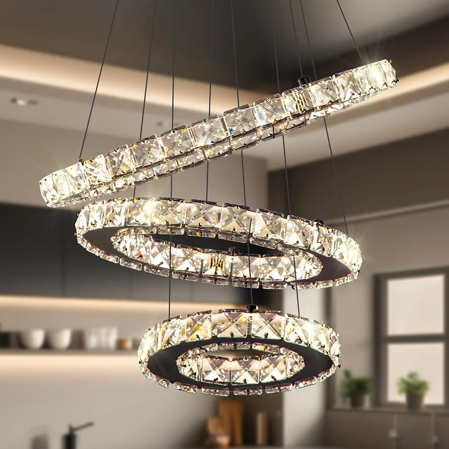 LED Chandelier, 3 Ring Crystal Chandelier Dimmable Adjustable Height Stainless Steel Chandelier Light Fixture, Modern Chandelier for Dining Room, Bedroom, Kitchen, Living Room, Office