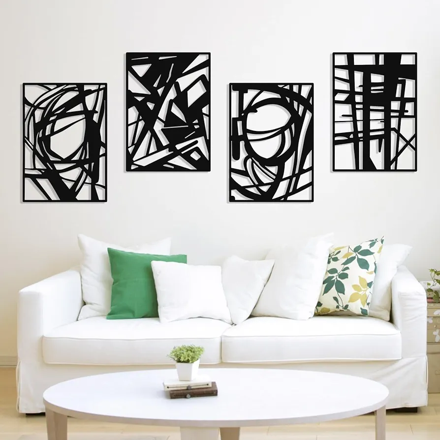 WAKOSAN Abstract Black Metal Wall Art Set,Modern 3D Shadow Effect Wall Decor,Single Line Minimalist Art Decor,4PCS,Wall Decor for Bedroom, Living Room, or Bathroom,11.8 x 17in (Black)