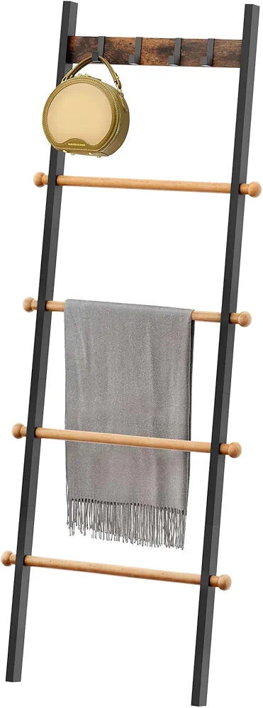 5 Feet Blanket Ladder,5-Tier Towel Rack Holder with 4 Hooks,Wall Leaning Ladder Shelf,Decorative Ladder Blanket Holder Rack,Farmhouse Home Decor for Living Room,Bathroom& Bedroom,Rustic Decor