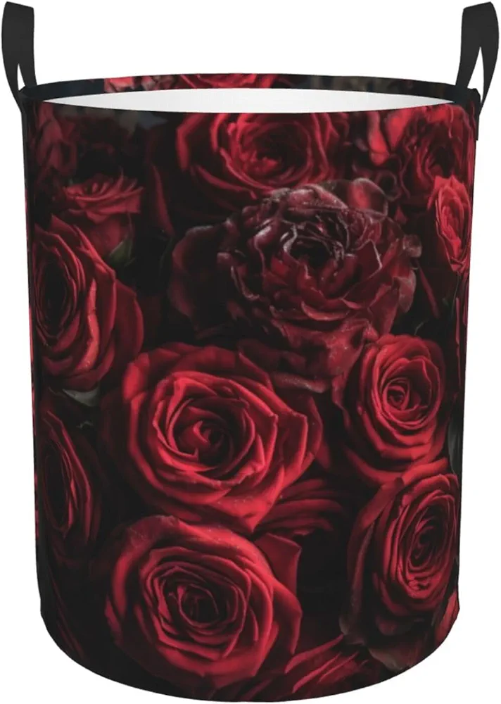 Full of Red Roses Print Laundry Basket Circular Laundry Hamper Waterproof Dirty Clothes Organizer Storage Basket with Handles for Toys Blankets Living Room Bedroom Playroom