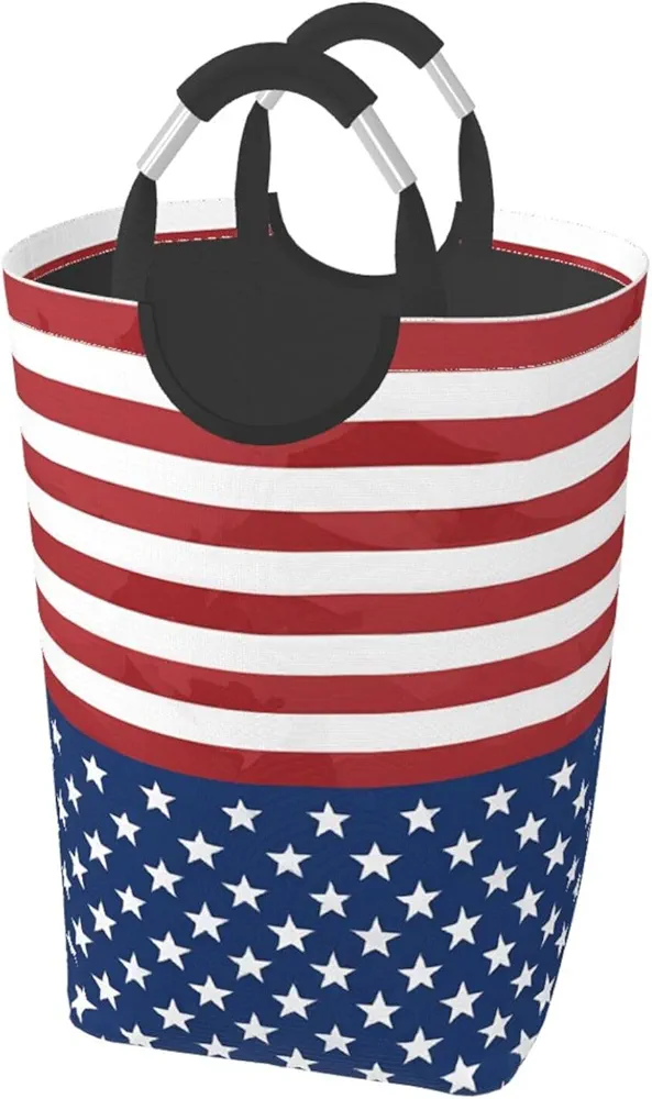 Laundry Basket Collapsible Clothes Hamper for Dirty Clothes, Laundry Bag with Handles Blanket Toys Storage Blanket, Dorm Room Essentials Accessories - Flag Stars Stripes