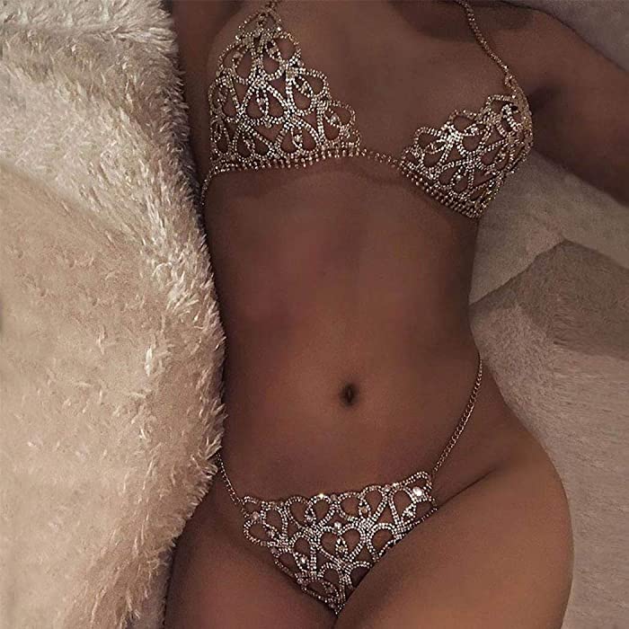 Evild Crystal Body Chain Silver Bikini Bra Chain Suit Beach Waist Belly Chain Crop Top Underwear Body Jewelry Accessories for Women and Girls