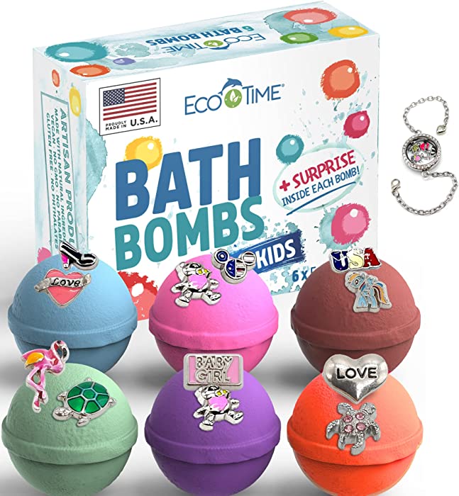 Handmade in The USA Bath Bombs for Girls with Jewelry Inside - Bubble Fizzies with Essential Oils - Multicolored Large 6 Bath Bombs - Natural & Organic Ingredients Gift Set - Bracelet with Charms