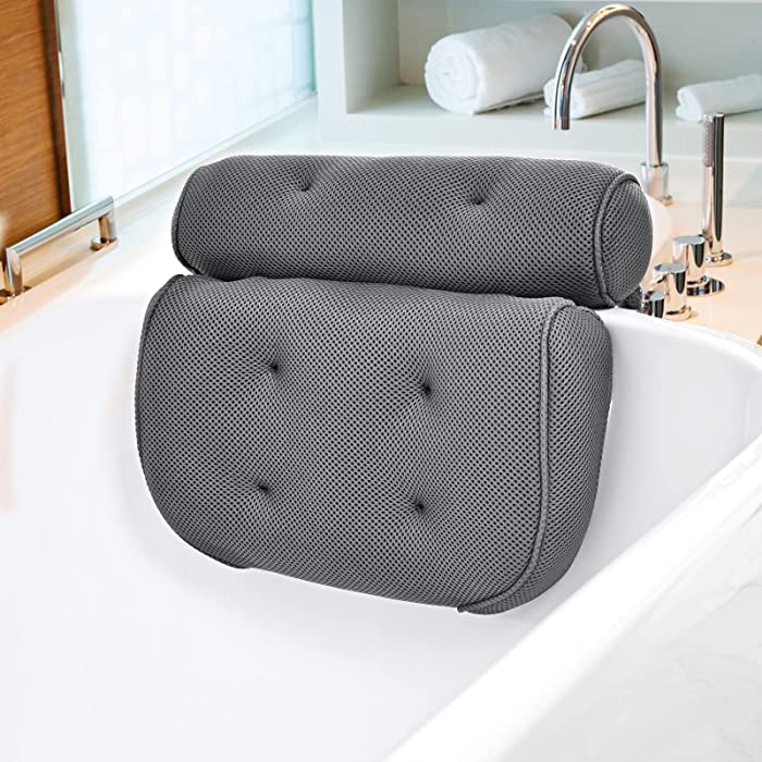 HOdo Home Bath Tub Pillow Headrest with 6Non-Slip Suction Cups, 3D Air Mesh Spa Pillow for Fits All Bathtub, Ergonomic Bath Pillows for Tub Neck and Back Support (14.6x13.8in, Grey)