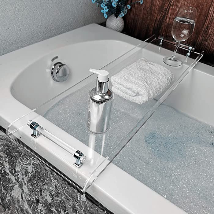 31" Silver Handles Luxury Bathtub Tray Caddy for Bath tub Table Tray with Silver Handles for Bathroom Bath Accessories Storage Organizer tub Tray