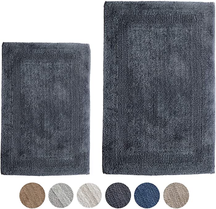 Reversible Tufted Luxury Cotton Bath/Area Rugs, Spa Vanity Shower Super Soft Machine Washable for Bathroom/Kitchen Water Absorbent Bedroom Rugs | Pack of 2 | (17"x24"+21"x34") | Dark Grey - Woven St.