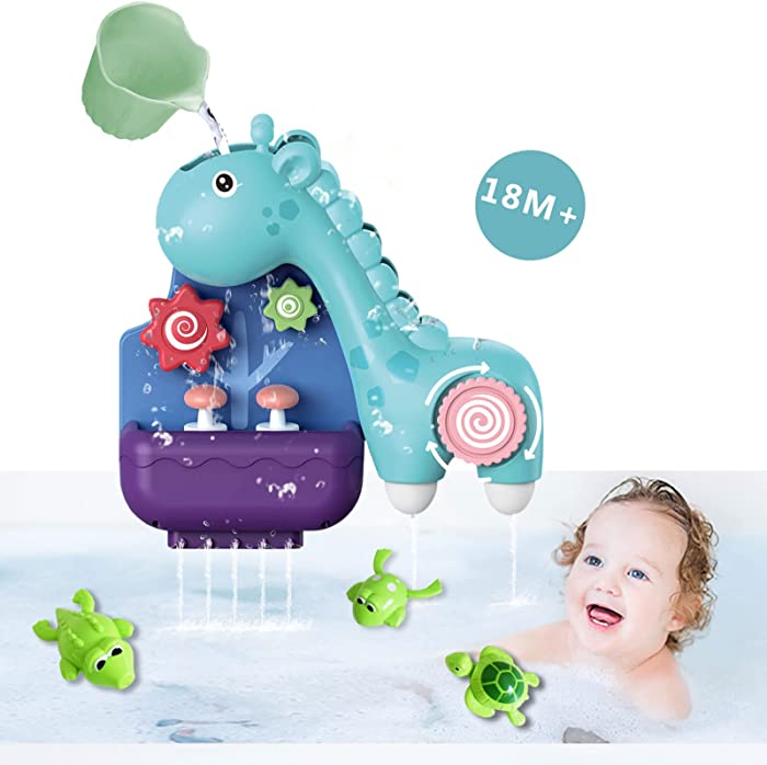 Bu-buildup Baby Bath Toys, Bath Toys with Wind up Bath Time Toys, Bath Toys Without Hole, Giraffe Waterfall Set with 3 Suction Cups for Kids, Blue