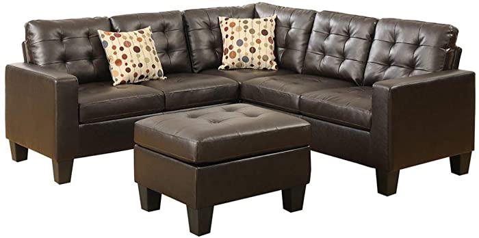 Poundex Bobkona Soft Bonded Leather 4 Piece Sectional with Ottoman Set (F6934), Espresso