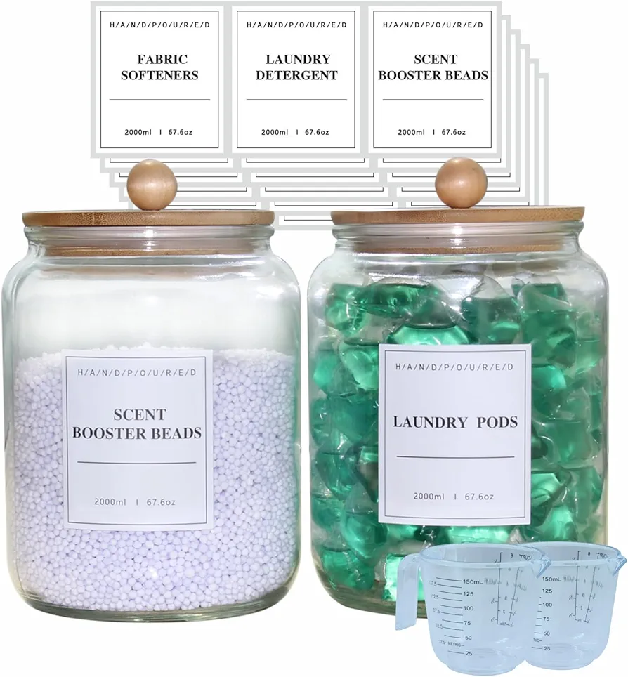 2 Pack Half Gallon Glass Jars For Laundry Room Organization And Storage, Glass Containers With Bamboo Lids, 18 Pre-Printed Labels, 2 Measuring Cup, Airtight Seal, Dishwasher Safe