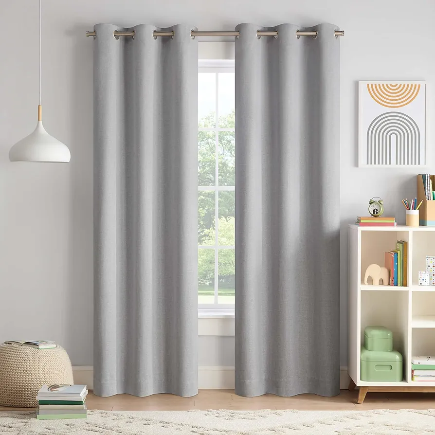 Eclipse Kids Blackout Curtains, Chambray Solid 100% Blackout Curtains with Metal Grommets, 84 in x 40 in, Thermaback Curtains for Kids Room or Playroom, 1 Window Curtain, Grey