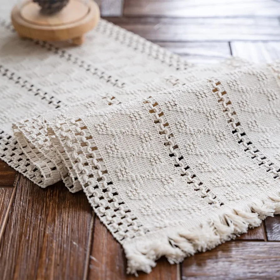 Alynsehom Macrame Table Runner Cream Beige Boho Table Runner with Tassels Hand Woven Cotton Table Runner Rustic Farmhouse Table Runner for Bohemian Kitchen Dining Table(12x95in)