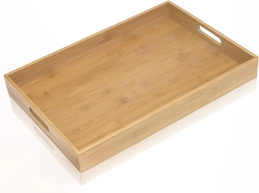 Krimax Serving Tray with Handles, Bamboo Breakfast Tray Wooden Trays Decorative Serving Platter for Eating, Working, Storing, Used in Bedroom, Kitchen, Living Room, Bathroom, Hospital and Outdoors