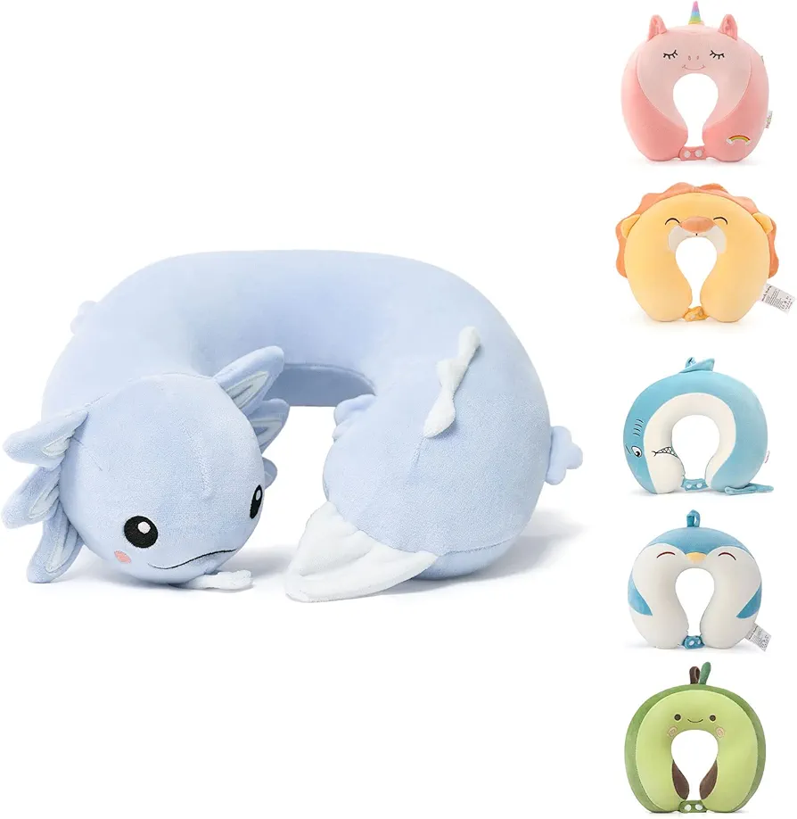 Niuniu Daddy Kids Blue Axolotl Travel Pillow Road Trip Essentials for 3-8 Y/O-Soft Memory Foam Kids Neck Pillow for Traveling Airplane Travel Essentials-Blue Axolot U-shaped Pillow for Boys/Girls