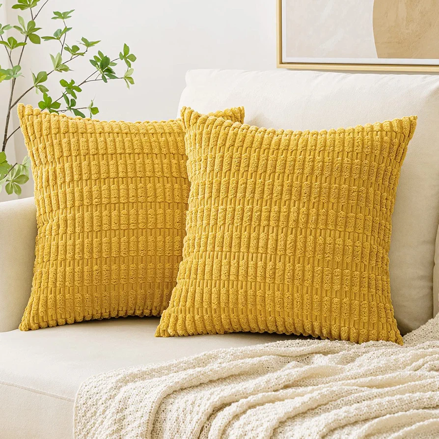 Woaboy Pack of 2 Fall Corduroy Decorative Throw Pillow Covers 18x18 Inch Yellow Couch Pillow Covers Soft Boho Throw Pillows Modern Farmhouse Home Decor for Spring Sofa Living Room Bed