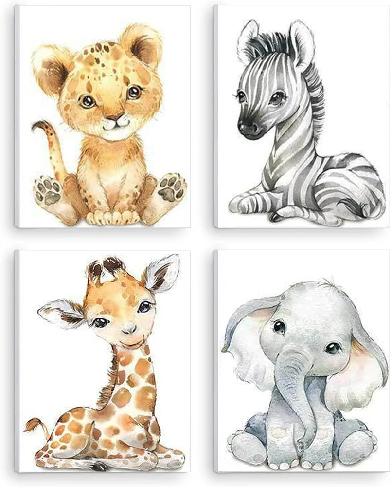 Kiddale Baby Watercolor Animals Wall Art Prints Set of 4 (8x10),Tiger Elephant Zebra Giraffe Safari Animals Pictures Nursery Decor Art,Stretched and Framed Ready to Hang